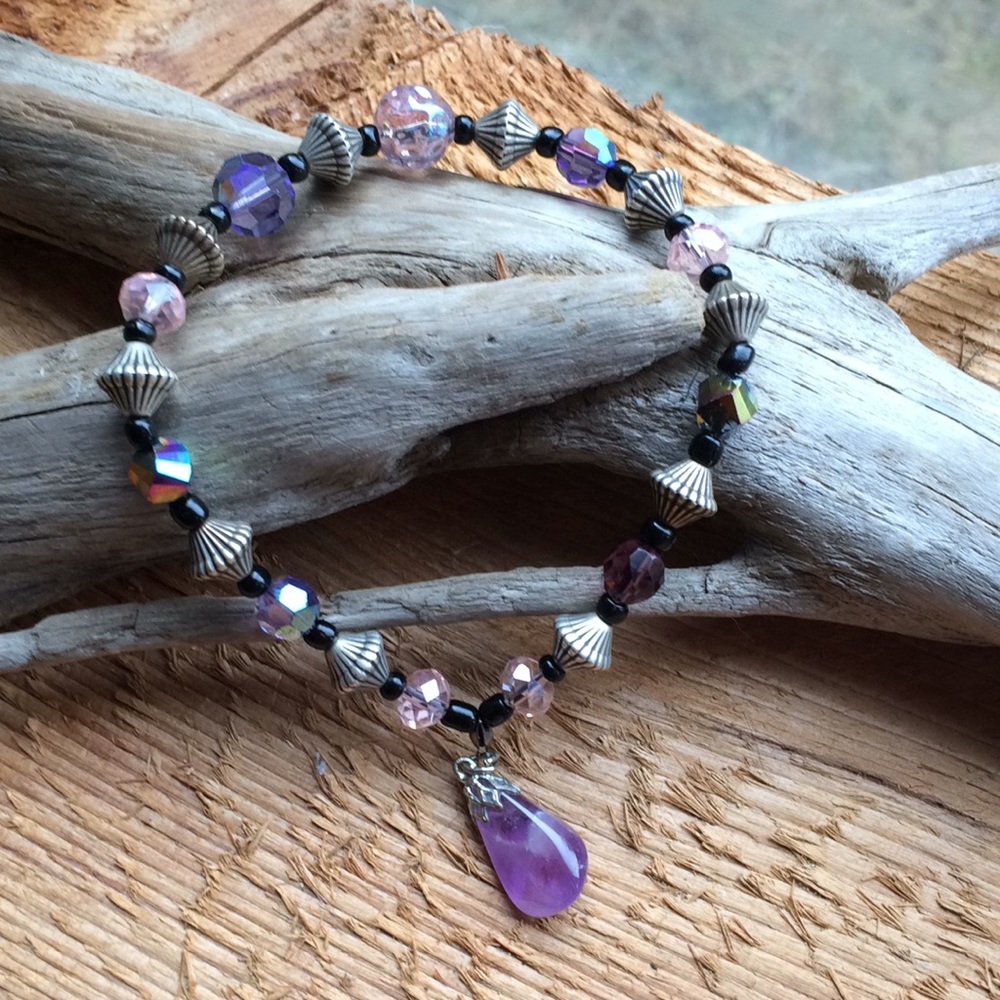 Handmade iridescent and purple bead bracelet